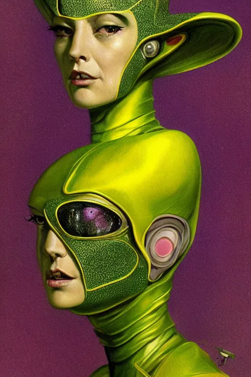 Prompt: portrait, headshot, pulp illustration, of beautiful lady alien extraterrestrial with iridescent faceted bug eyes, yellow feathered antennae coming out of her head, dark green and yellow mottled skin, sexy skintight pink and silver spacesuit, scifi, futuristic, realistic, hyperdetailed, chiaroscuro, concept art, art by gil elvgren and glen orbik