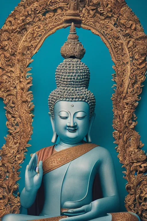 Prompt: A vibrant studio portrait photograph of Manjushri budda by Alessio Albi, Nina Masic, Soft focus, vertical portrait, natural lighting, f2, 50mm, hasselblad, classic chrome, film grain, cinematic lighting,