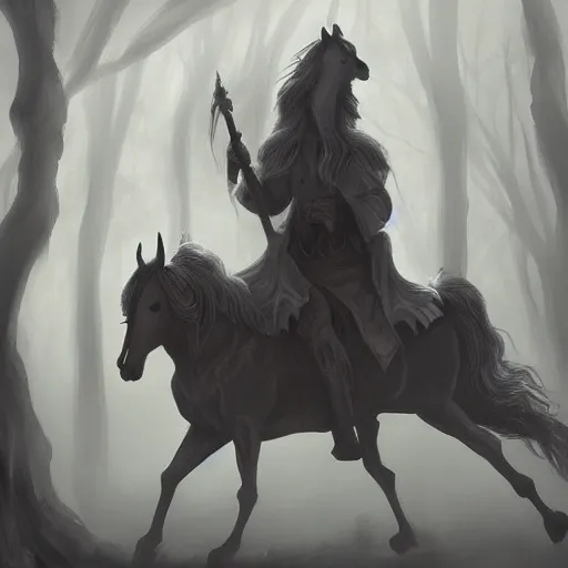 Image similar to the ghostly horsemen ride through the misty forests in eternal silence. they haunt the land for centuries and every unlucky soul who crosses their path join their ranks for ever. # art # fantasy # illustration # painting # character