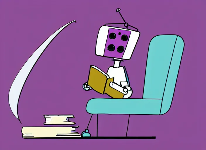 Image similar to professional illustration of the robot reading the book, violet color palette, sharp, 4K
