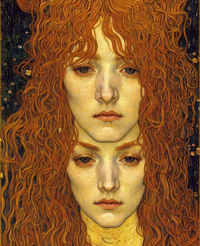 Image similar to detailed realistic beautiful young medieval queen face portrait by jean delville, gustav klimt and vincent van gogh, art nouveau, symbolist, visionary, gothic, pre - raphaelite, muted earthy colors, desaturated