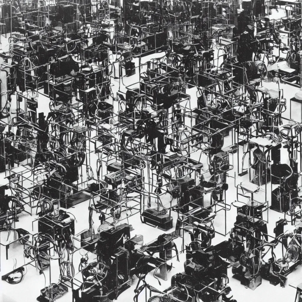 Prompt: a historical photograph of Marcel Duchamp surrounded by machines in a vast empty white room, 1919, courtesy of Centre Pompidou