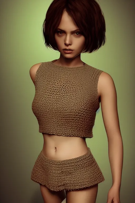 Image similar to Female model with short hair wearing a crocheted croptop, digital painting, small chest, artstation, full body realistic portrait, HD, dramatic lighting, highly detailed,