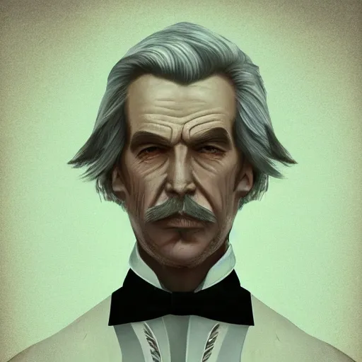 Prompt: old flowing hair handsome man with high collar fantasy, symmetrical beautiful, portrait, painting, trending on artstation