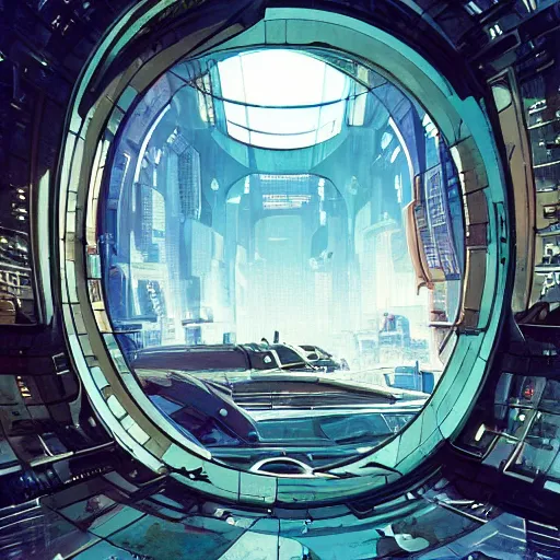 Image similar to circular derelict portal in a middle of a futuristic cityscape, world seen only through a portal, daylight, cinematic perspective, cinematic lighting, blue sky, syd mead, john harris