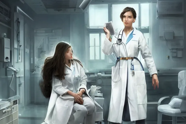 Image similar to a poster of emergency room, an elegant and beautiful female doctor in a white coat in a hospital ward, cinematic, highly detailed, digital painting, artstation, concept art, matte, sharp focus, illustration, art by artgerm and greg rutkowski