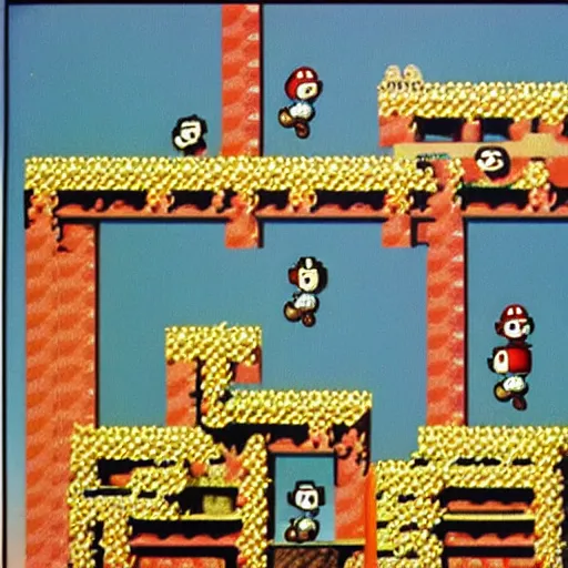 Image similar to Mario Bros game screen, 80's platform game,Dali style