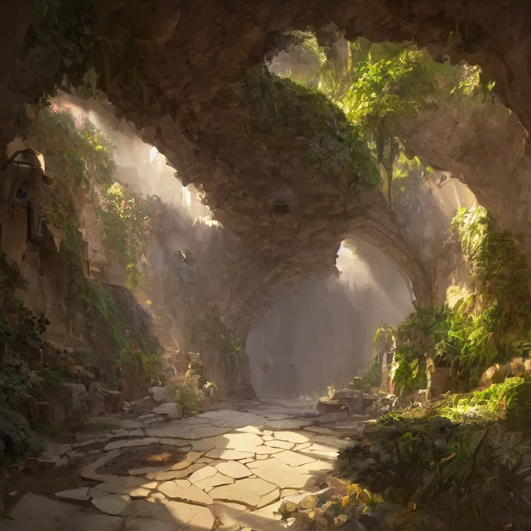 Image similar to secret overwatch arc hallway for living quarters carved inside a cave surrounding a lush garden, trimmed, magical, natural light, clean lines, cozy, fantasy, minimalist architecture, sharp focus, concept art, by greg rutkowski and craig mullins,, octane render 8 k