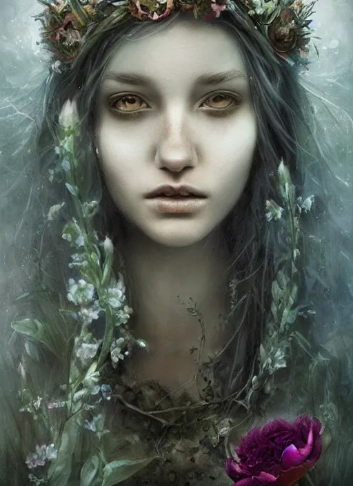 Prompt: a gorgeous flower princess portrait by Seb McKinnon, artgerm , studio photography, ultra realistic, mystical, ominous, cgsociety