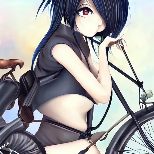 Prompt: Anime girl black hair tail dark skin with old bicycle trending on artstation