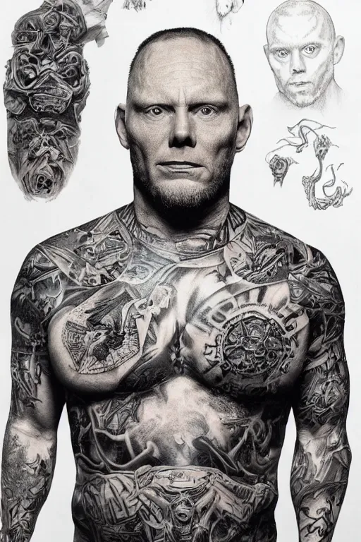 Prompt: Photorealistic Portrait of frontal standing pose torso of a very attractive buffed Bill Burr heavily tattooed. all his skin is covered by Mayans tattoos, surrounded by magic lightings overlays, Intricate, concept art, magic lighting overlays, magical portal opened, D&D!, fantasy style, sharp focus!, ultra detailed, art by Artgerm and Peter Andrew Jones, WLUP, Magali Villeneuve