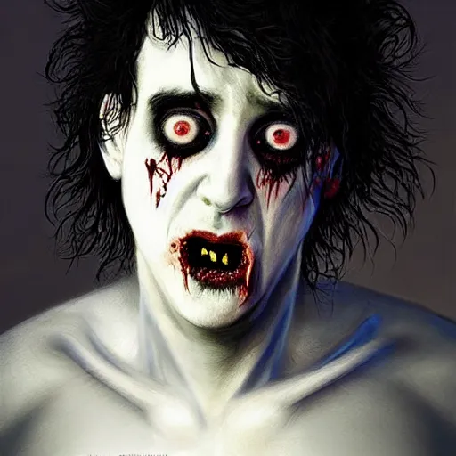 Prompt: young and skinny robert smith as a zombie feeling shy with fluffy big hair, 7 days to die zombie, fine art, award winning, intricate, soft light from the side, elegant, sharp focus, cinematic lighting, highly detailed, digital painting, 8 k concept art, art by z. w. gu, art by brom, art by michael hussar, masterpiece, 8 k