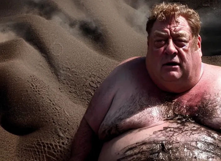 Image similar to john goodman as baron harkonnen in a black oil bath in a still from the film Dune (2021)