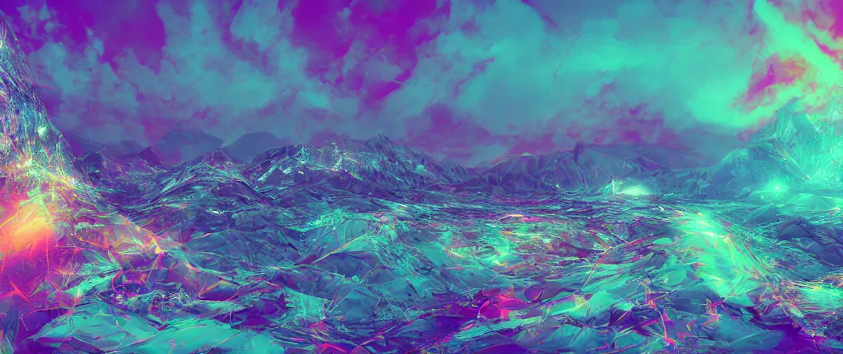 Prompt: dream landscape, simulation, glitch art, volumetric object, physical particles, translucence, cinematic lighting, iridescence, by ash thorpe