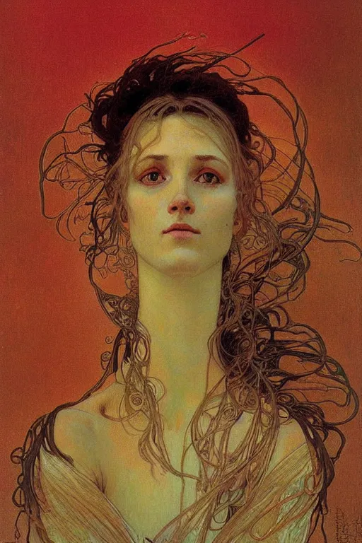 Image similar to woman portrait, alphonse mucha meet beksinski