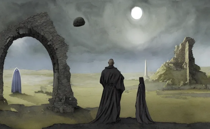 Image similar to a hyperrealist watercolour concept art of a dimensional time portal in the shape of a ruined arch. a medieval monk in grey robes is in the foreground. a ufo is in the background. very muted colors, post grunge, by rebecca guay, michael kaluta, charles vess and jean moebius giraud. high detail, hq, wide shot, 4 k