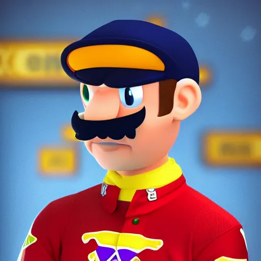 Prompt: Portrait of Max Verstappen as Waluigi, red bull, nintendo, high detail, 4k