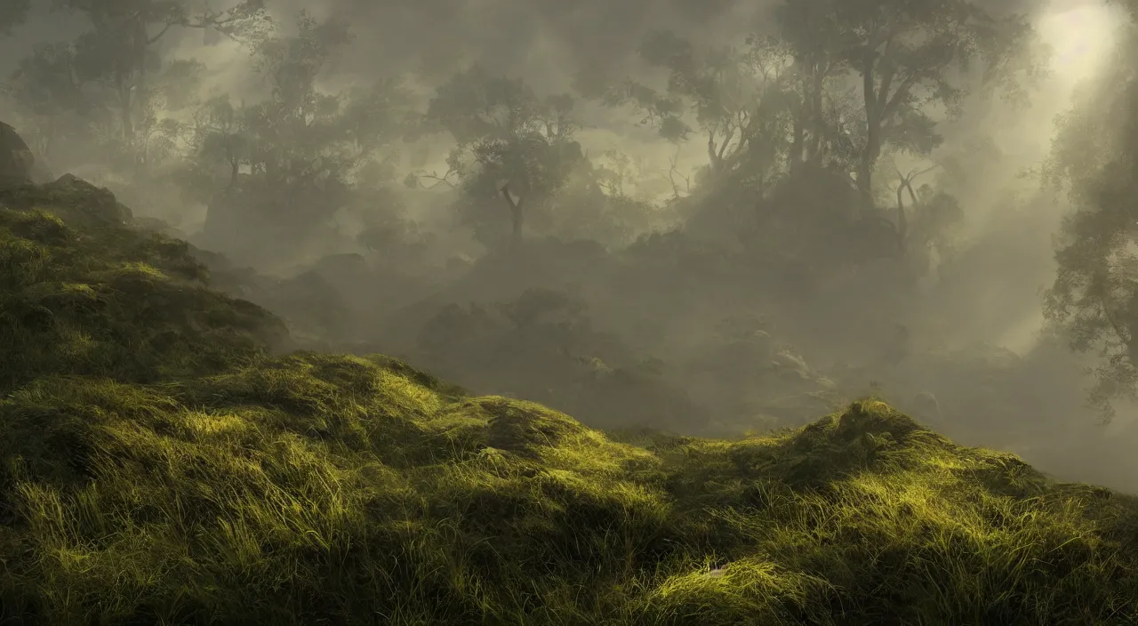 Prompt: photorealistic matte painting misty moors overgrowth undergrowth jagged rock features volumetric fog light rays high contrast dawn mr burns