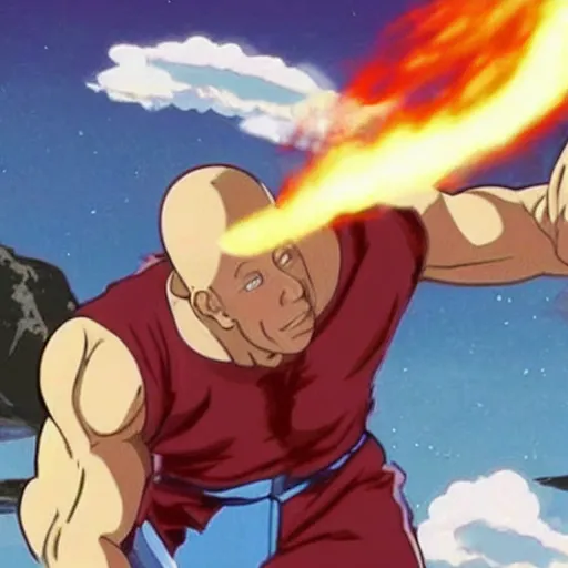 Image similar to long shot of tiny vin diesel as saitama punching a car into space