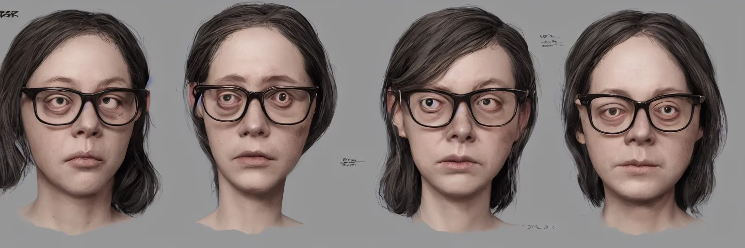 Prompt: female character study of ugly outsider todd solondz, clear todd solondz face, female, glasses, geek, character sheet, fine details, concept design, contrast, kim jung gi, greg rutkowski and francis bacon, trending on artstation, 8 k, full body and head, turnaround, front view, back view, ultra wide angle