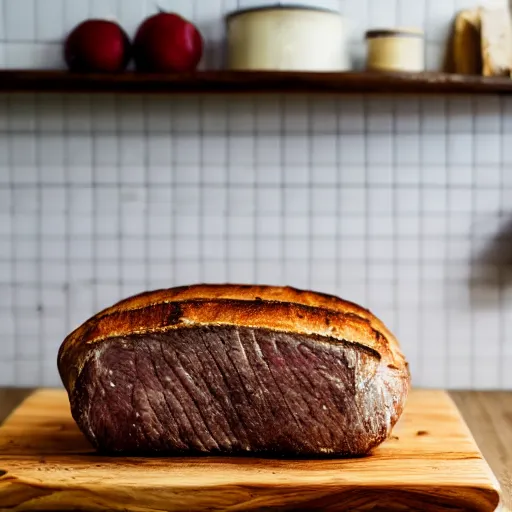 Prompt: a bread made of steak, partially sliced on a wooden cutting board with a cleaver by it\'s side, on a table in a cozy kitchen, 8K, 50mm lens