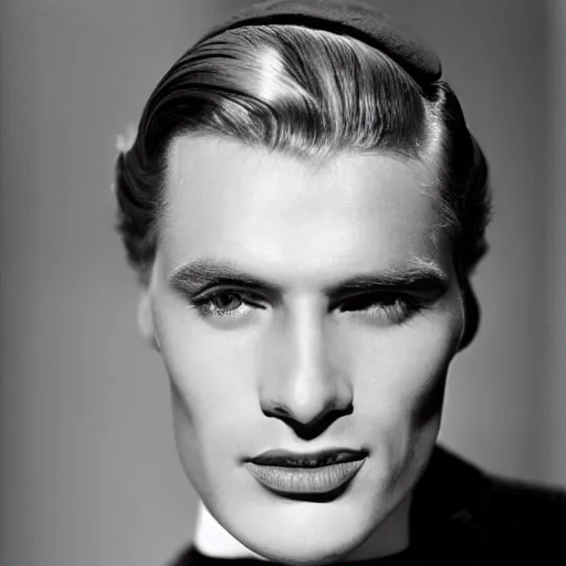 Prompt: a close - up photography of a blond spanish male! actor from the 1 9 3 0 s. high cheekbones. good bone structure. dressed in 1 9 4 0 s style. butterfly lightning. key light sculpting the cheekbones. by george hurrell.