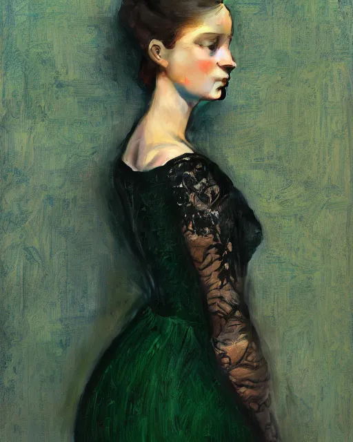 Prompt: a portrait of a young woman wearing a black evening dress made of transparent lace, ponytail hairstyle, delicate face, looking away, cinematic, intricate details and textures, back lighting, epic pose, in front of a blue - green wall, by serge marshennikov, jeremy lipking, joseph todorovitch, artstation