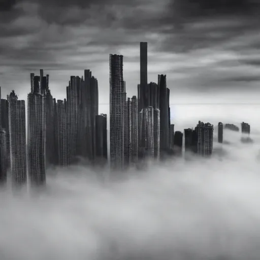 Prompt: surreal brutalist cityscape emerges from clouds below, moody, vast, uncaring