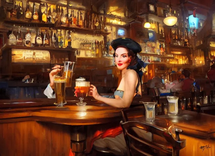 Image similar to greg manchess painting of a delicious mug of beer in a dieselpunk bar, medium shot, organic painting, matte painting, bold shapes, hard edges, street art, trending on artstation, by huang guangjian and gil elvgren and sachin teng