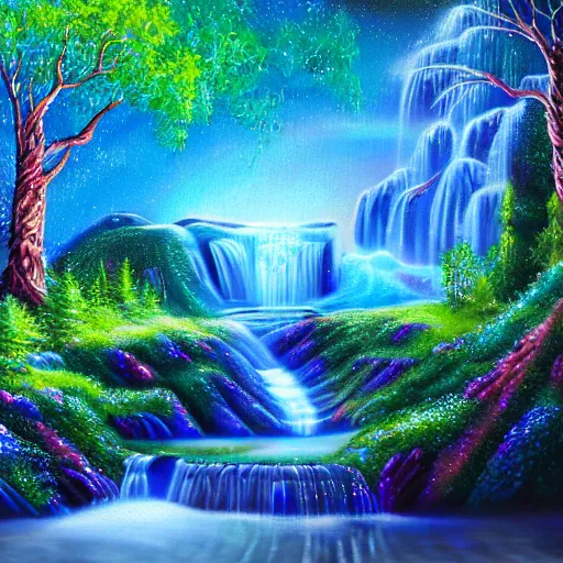 Prompt: mystical sparkling landscape with luminescent indigo and cyan trees and terraced waterfalls detailed airbrushed painting 4 k