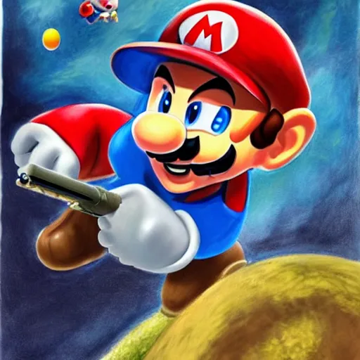 Prompt: A detailed, dramatic painting of super mario shooting a goomba with a machine gun