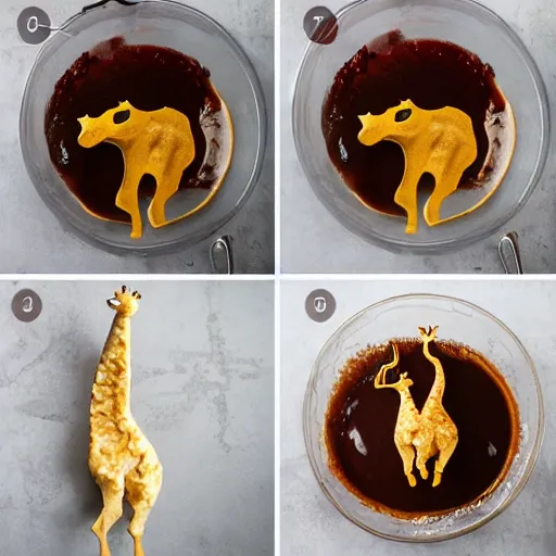 Prompt: making of an edible giraffe from noodles and soy sauce step by step, each step is a progression from the last, dslr