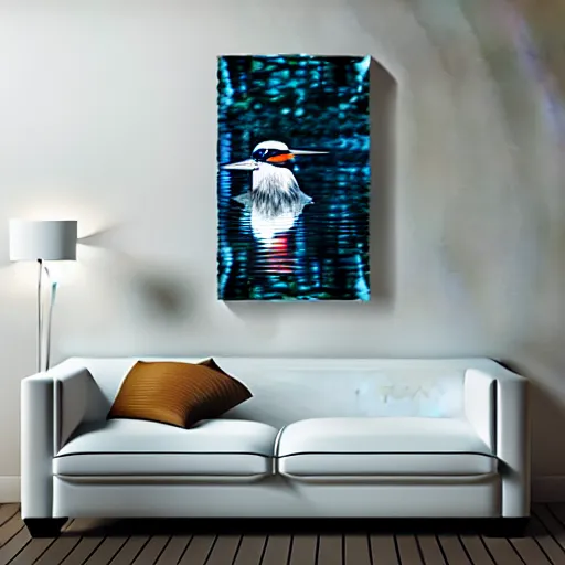 Image similar to wall art of a real life kingfisher made out of reflective crystal and very reflective polished metal, in the background is a forest, product photography