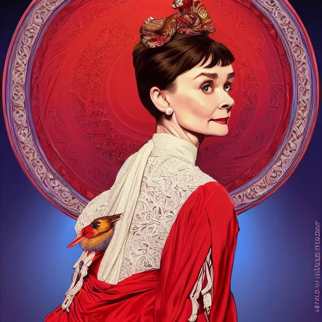 Prompt: ivory carved mage audrey hepburn with braided hair, wearing red and blue ornate robe, whole body shot, birds, intricate, elegant, highly detailed, digital painting, artstaion, full body action concept art, smooth, sharp, focus, illustration, art by artgerm, alphonse mucha, ilya kuvshinov