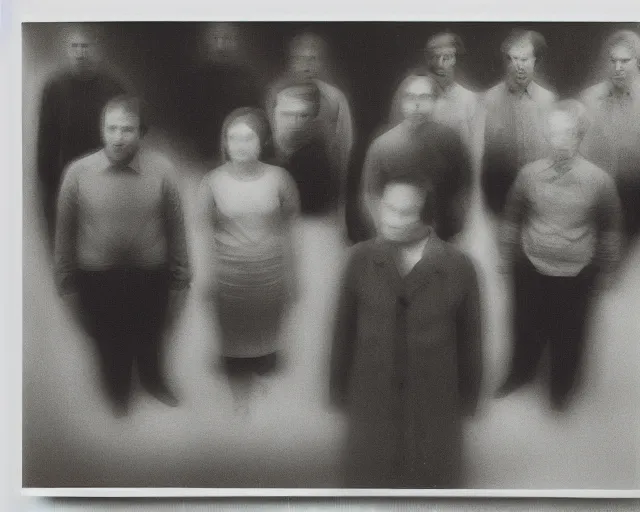 Prompt: a group of people standing next to each other, a photocopy by Gerhard Richter, featured on cg society, holography, multiple exposure, calotype, ambient occlusion