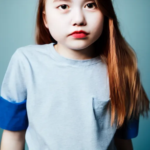 Prompt: portrait of a young girl wearing a shirt by mr doodle, beautiful composition, modern color palette, 50mm f1.8, ambient light,