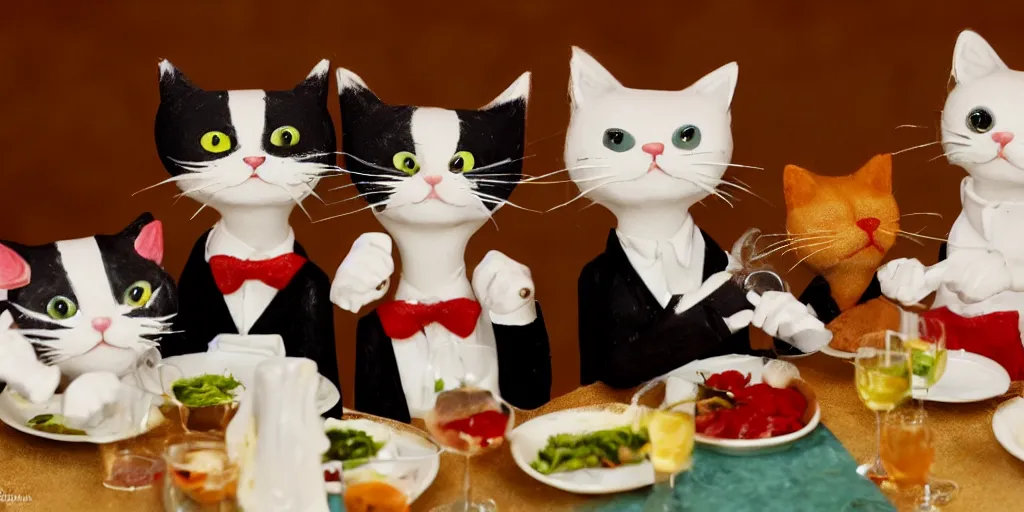 Image similar to claymation cats dressed fancy eating a delicious meal wiith the company of good friends