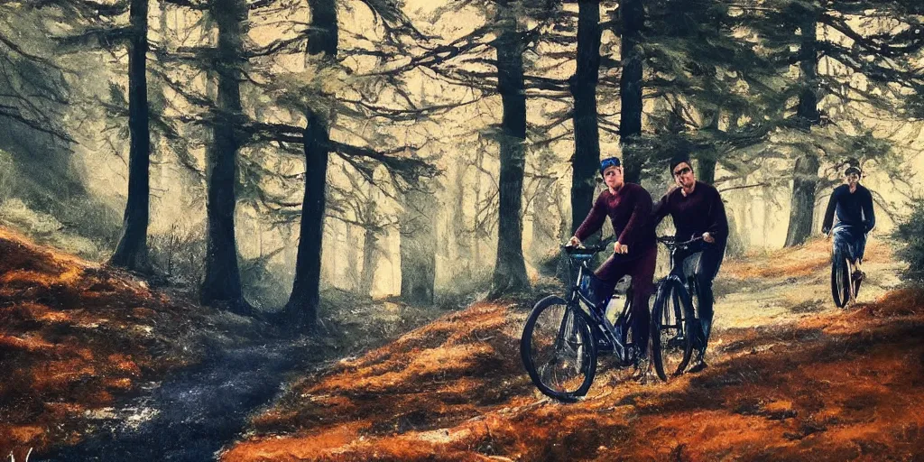 Image similar to Exact two men biking alone up a steep forest hill. One with a deep dark blue sweater and the other with a wine red sweater. sweaty. Oil painting. Emotional. Trending on artstation. Steep. Nordic Trees. Rustic. Artistic.