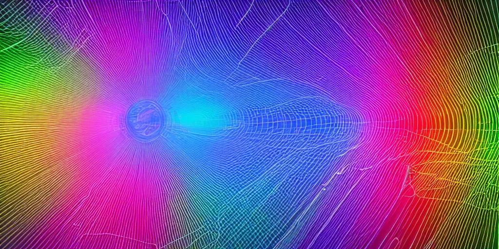 Image similar to A seamless 3D HDRI image of a rainbow colorspace of finely detailed interconnected circuitry like colorful threads showing the thought process of AI, insanely detailed, unreal engine 8K, futuristic