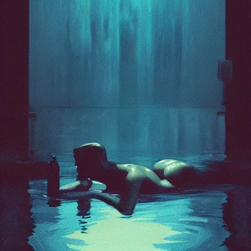 Prompt: silhouette submerged in a pool, stormy weather, extremely detailed masterpiece, oil on canvas, low-key neon lighting, artstation, Blade Runner 2049, Roger Deakin’s cinematography, by J. C. Leyendecker and Peter Paul Rubens,