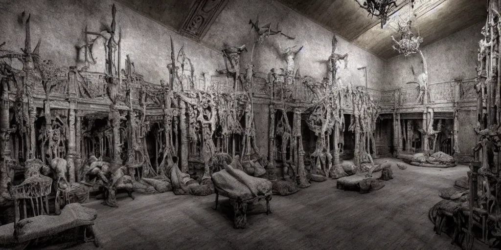 Prompt: a big room in a museum of skeletons, photorealistic, highly detailed, texture, gustave dore, 3 d sculpture, soft light, dramatic, moody, scary, ambient, hall,