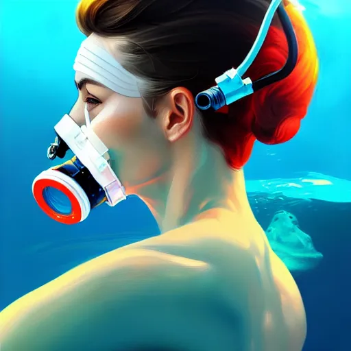 Image similar to a profile photo of a diver with oxygen mask, side profile in underwater, highly detailed, digital painting, artstation, concept art, smooth, sharp focus, illustration by Sandra Chevrier