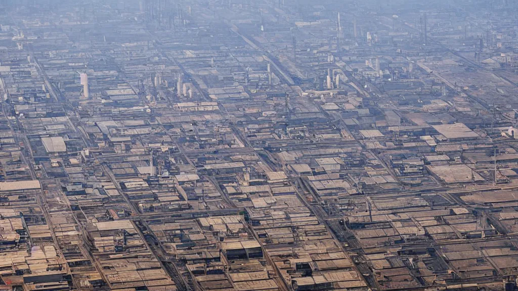 Image similar to High angle shot of a vast industrial area. Smoke rises in the air. It is nighttime. Buildings are visible in the background.