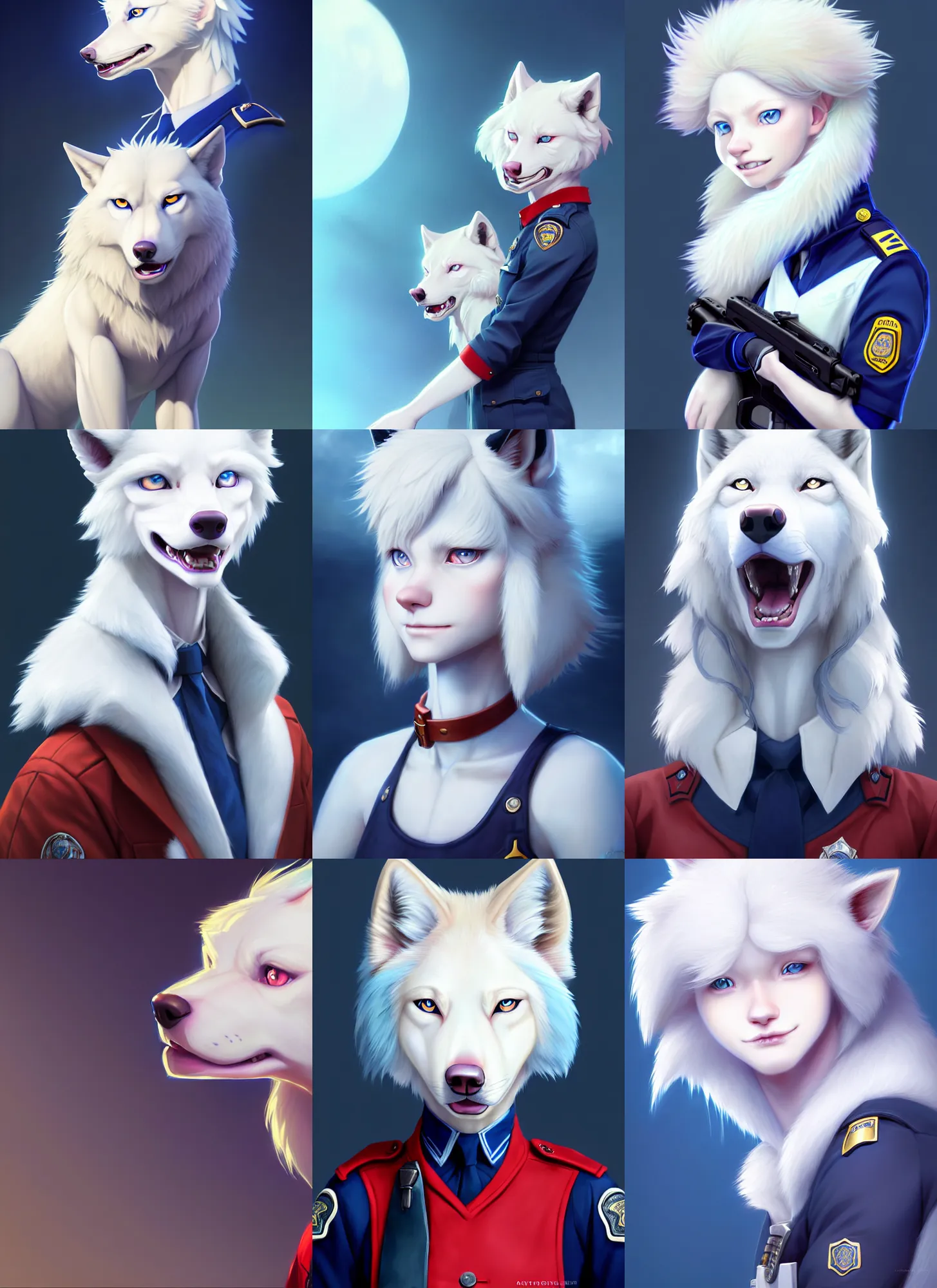 Prompt: beautiful portrait of a female anthropomorphic albino wolf fursona with blue eyes and red hair wearing a state trooper uniform. character design by disney, charlie bowater, ross tran, artgerm, and makoto shinkai, detailed, soft lighting, rendered in octane