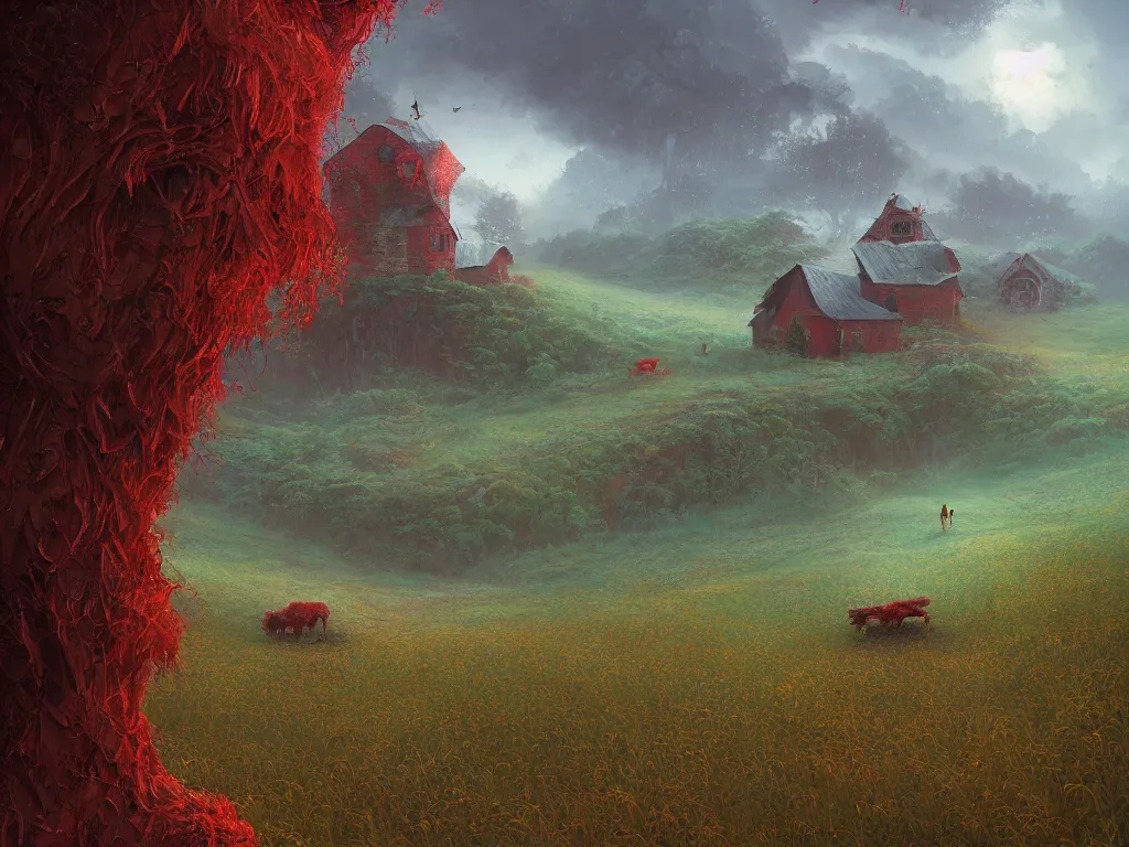 Image similar to Intricate detailed lush ravine with an isolated red barn next to a wheat crop at noon. Wide angle shot, surreal, dreamlike, fantasy, Artstation, Randy Vargas, Anato Finnstark, Bayard Wu, Marc Simonetti.