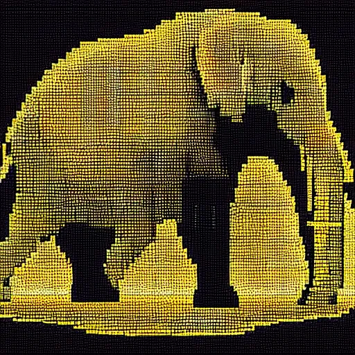 Prompt: a pixelated 1 bit elephant, behind the elephant is a golden sword.