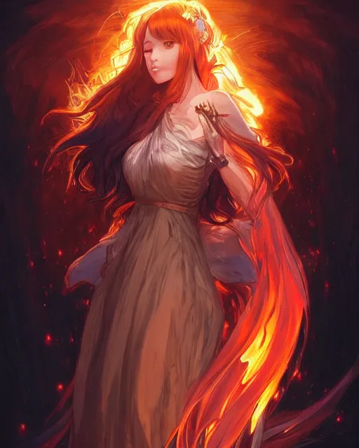 Image similar to beautiful long haired anime girl, fire dress, portrait, flames everywhere, highly detailed, digital painting, artstation, concept art, smooth, sharp focus, illustration, art by artgerm and greg rutkowski and alphonse mucha