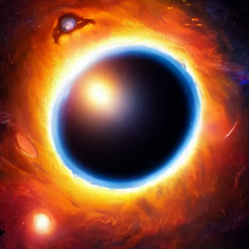 Image similar to glowing glorious 3D black hole in movie, intergalactic, space theme, galaxy colored, hyperdetailed, digital painting, trending on Artstation, cel-shading style, CG society, hyperdetailed, digital painting, hypermaximalist, golden ratio, volumetric, octane render, weta digital, micro details, 3d sculpture