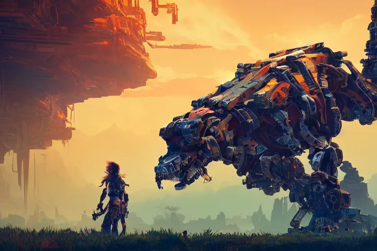 Image similar to scrapper machine mecanical creature robot of horizon forbidden west horizon zero dawn radiating a glowing aura global illumination ray tracing hdr fanart arstation by ian pesty and alena aenami artworks in 4 k