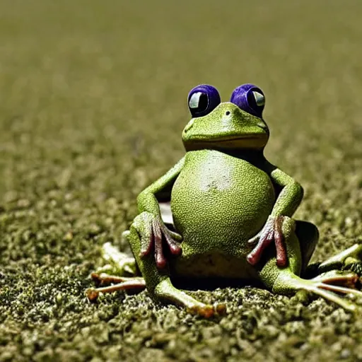 Image similar to a frog standing upright in the middle of a gigantic field, he is lost
